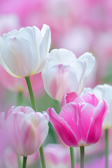 **Pink and white tulips in the garden, soft focus photography, primitivism, high resolution, macro stock photo, natural light, professional color grading, clean sharp focus, soft shadows