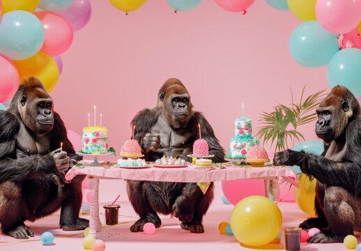 Three gorillas are seated at a birthday party setup, indulging in cakes and treats, creating a unique party scene perfect for summer event concepts - Powered by Adobe