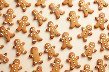 A row of gingerbread men are smiling and lined up on a table. Concept of warmth and happiness, as the gingerbread men are depicted as cheerful and friendly