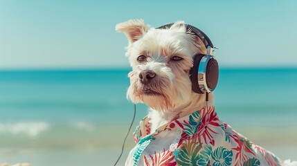A relaxed dog on a sandy beach with headphones, symbolizing leisure, a summer trip, and the ultimate holiday relaxation with space on the sign for your message