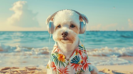 A relaxed dog on a sandy beach with headphones, symbolizing leisure, a summer trip, and the ultimate holiday relaxation with space on the sign for your message