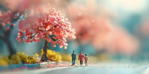 3D miniature landscape people walking on the road in summer with cherry blossom tree on side. japan...