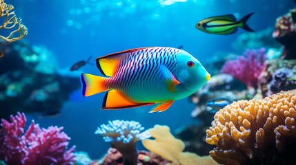 Close-up of a tropical fish swimming gracefully in a vibrant coral reef aquarium, illustrating the beauty and diversity of aquatic life.