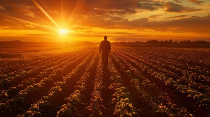 As the sun begins to set a lone figure walks ast the rows of rid crops silhouette reflecting the peacefulness of a successful . .