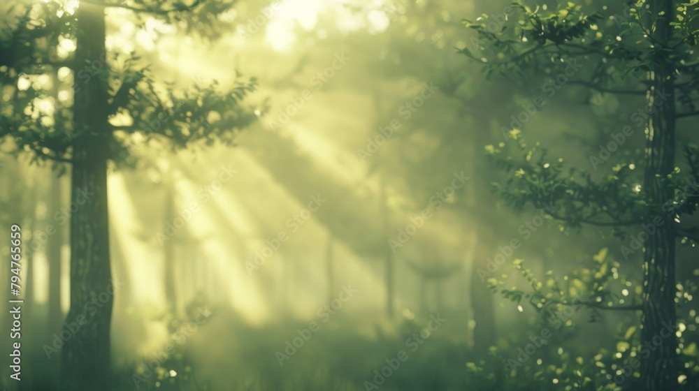 Poster defocused a misty forest with rays of sunlight peaking through the trees casting a warm glow over th