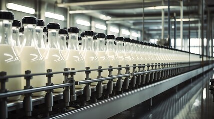 Obraz premium Streamlined milk bottling process captured in a dairy plant, with rows of milk bottles being filled, demonstrating industrial scale production.