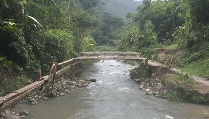 A makeshift bridge spanning a jungle river along a upscaled 5