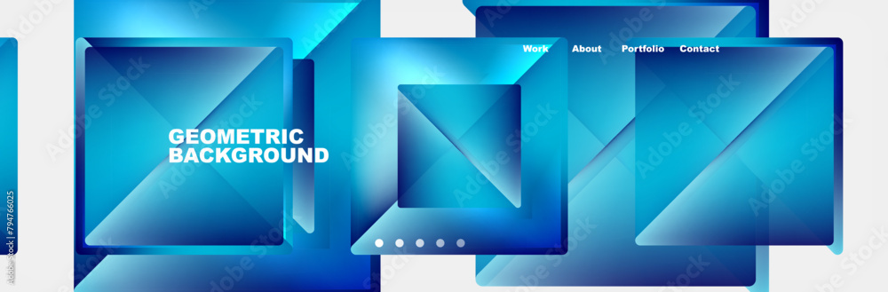 Poster An electric blue geometric design featuring squares and triangles on a white background, creating a symmetrical and parallel display for a logo. The font in shades of blue such as azure and aqua
