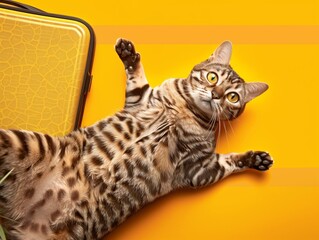 This image showcases a cat dressed in vacation attire sitting on a yellow suitcase, exuding a vibe of summer travel and holiday readiness