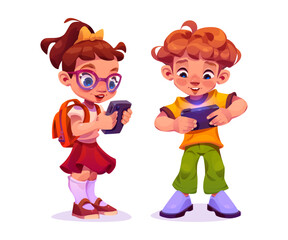 Kids playing game on mobile phone. Cartoon vector illustration set of little boy and girl with backpack standing and using smartphone. Cute happy smiling children player with digital gadget. - obrazy, fototapety, plakaty