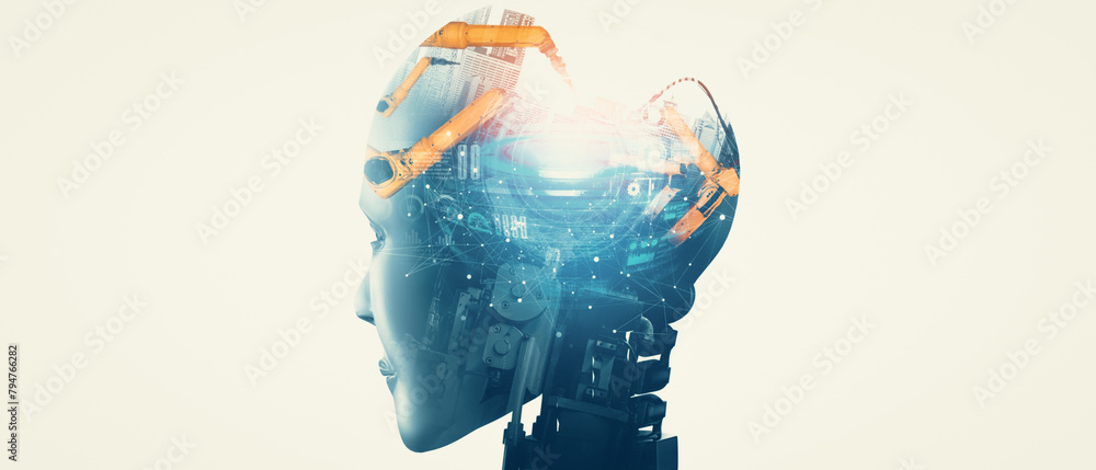 Poster mlb mechanized industry robot and robotic arms double exposure image. concept of artificial intellig