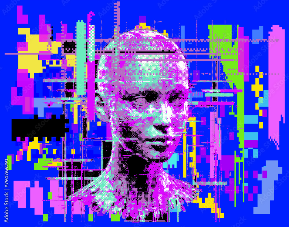 Poster glitched and pixelated silhouette of a 3d human head on a dark background. conceptual vector illustr