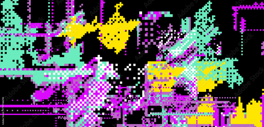 Poster bright neon glitchy background. concept vector illustration of a broken program code or malware atta