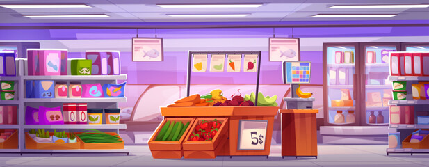 Naklejka premium Supermarket interior with products in refrigerator and on shelves, vegetable on racks, scales for weighing food. Cartoon vector illustration of grocery hypermarket inside with equipment and goods.
