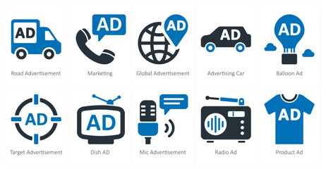 A set of 10 ads and marketing icons as road advertisement, marketing, global advertisement