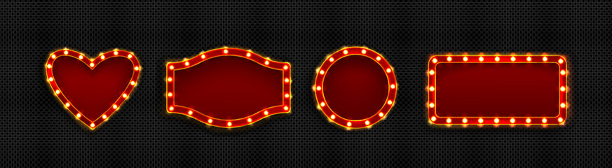 Retro red frame with light bulbs. Realistic vector illustration set of cinema or casino sign banner with lamps in form of heart, circle and rectangle. Circus or show border and signboard template. © klyaksun