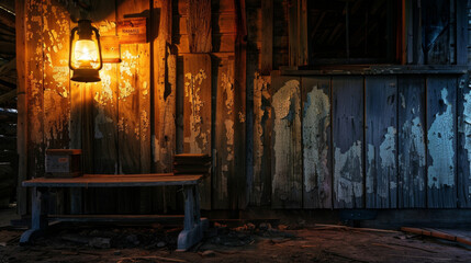 The warm flicker of lantern light illuminating the chipped paint and worn wood of a deserted saloon. . - Powered by Adobe