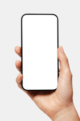 Close-up of woman hand holding modern smartphone iphone mockup. New modern black frameless...