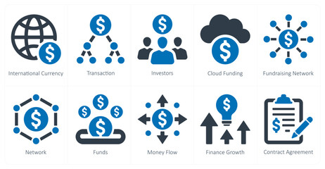 A set of 10 crowdfunding icons as international currency, transation, investors