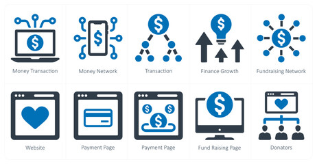 A set of 10 crowdfunding icons as money transation, money network, transaction