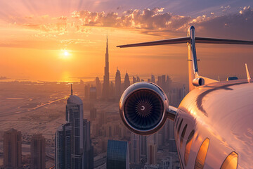 Luxury private aircraft soaring above the Dubai skyline, bathed in the warm glow of a picturesque sunset