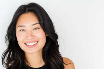 Beautiful studio portrait of young, stylish asian woman, long hair, smiling and looking at camera with confidence on white background
