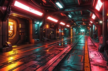 a futuristic space station corridor with neon lights.
