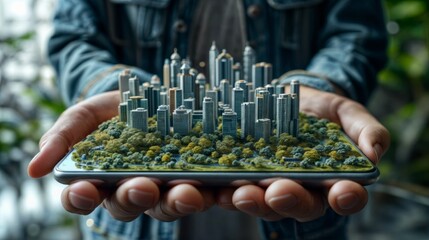 Miniature model of a city on a smartphone in the hands of a man