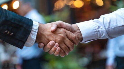 Close-up of two professionals shaking hands, their faces lit up with smiles at a networking event