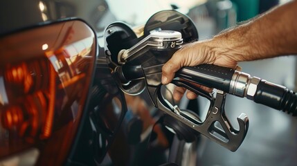 A mans hand grips a gas pump handle as he fills his car with fuel at a gas station - obrazy, fototapety, plakaty