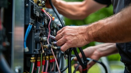 Close-up of a technicians hands connecting wiring and tubing on a machine during installation