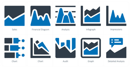 A set of 10 Diagrams and Reports icons as sales, financial diagram, analysis