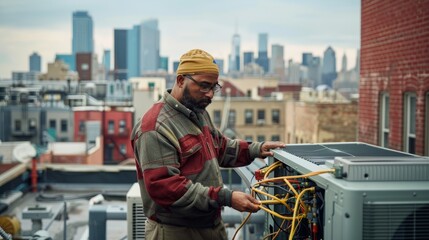 Fototapeta na wymiar A technician performs a final check on an air source heat pump on a rooftop, with a city skyline in the background
