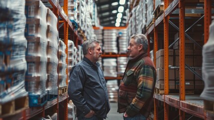 Two men standing in a warehouse looking at each other in front of a stack of pallets