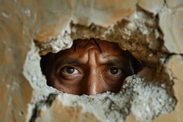 Wall border, senior man refugee or migrant, is peering through a hole in a wall