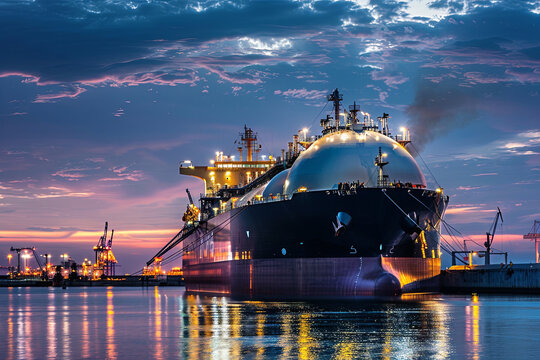 Liquefied natural gas carrier vessel, engineered for transporting LNG, docked at port
