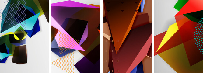 An artistic collage featuring four differently colored triangles on a white background, showcasing creativity in design and use of tints and shades - obrazy, fototapety, plakaty
