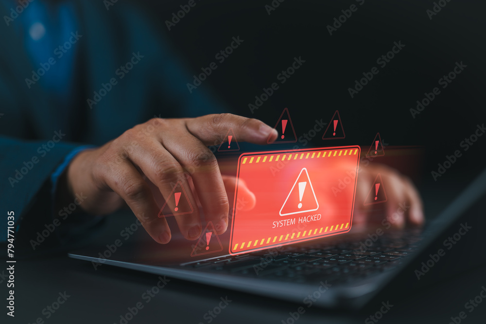 Aufkleber Ransomware malware attack and data breach. Businessman use laptop with virtual screen of system hacked warning sign. spam virus with warning caution for notification on internet security protect.