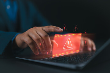 Ransomware malware attack and data breach. Businessman use laptop with virtual screen of system...