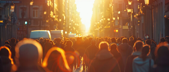 A large crowd of people are walking down a street in the sun
