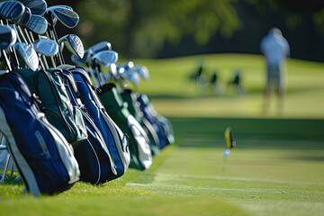 Golf bags belonging to a group of players, positioned near the putting green