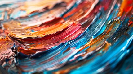 Detailed view of textured oil paint waves on canvas, showcasing rich, colorful brushstrokes and...