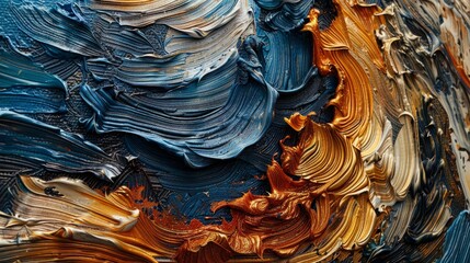 Detailed view of textured oil paint waves on canvas, showcasing a variety of rich colors in a close-up shot
