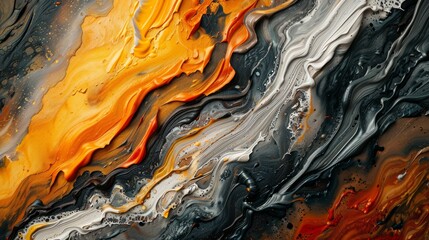 Detailed closeup of textured oil paint waves on canvas, showcasing rich orange and black colors
