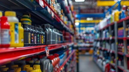 An auto parts store aisle filled with a wide variety of products neatly arranged for easy access and browsing by customers - obrazy, fototapety, plakaty