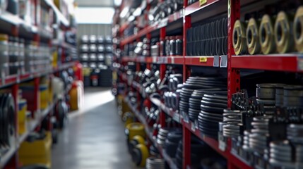 Closeup of shelves in an auto parts store displaying a variety of items under natural light