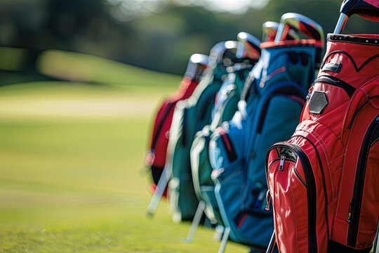 Golf bags belonging to a group of players, positioned near the putting green