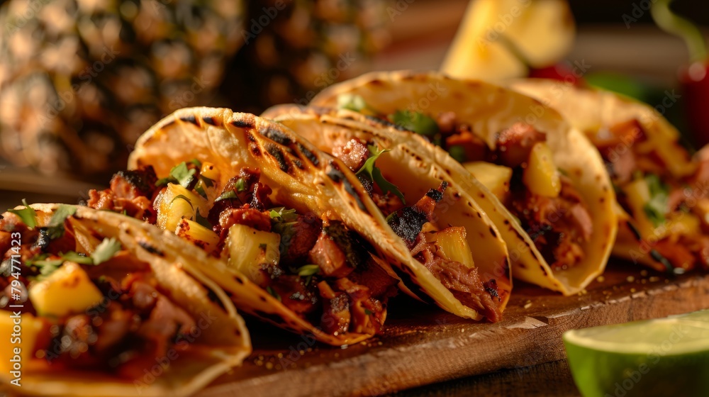 Wall mural A detailed view of three tacos al pastor with pineapple on a cutting board, showcasing vibrant colors and delicious ingredients - Wall murals