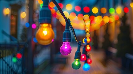 Close-up of a bunch of colorful lights on a pole at dusk in an outdoor event space - obrazy, fototapety, plakaty
