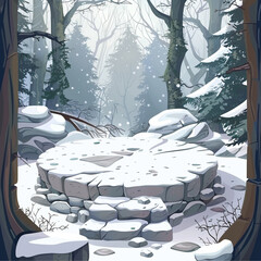 Stone round battleground arena or podium in winter snowy forest. Cartoon vector landscape with rock circular platform surrounded by trees and ground covered with snow. Battle arena or magic 